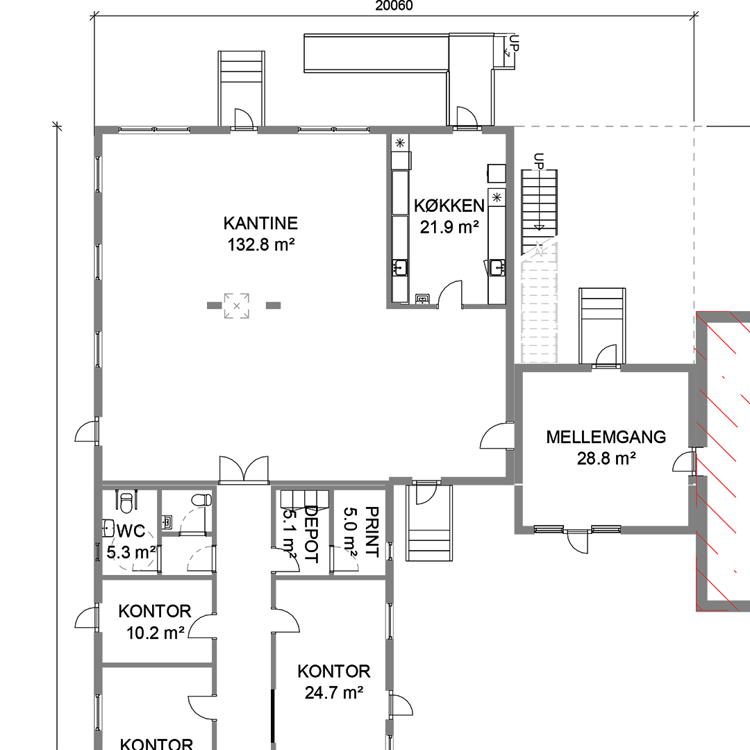 Plantegning over 600 m² moderne modulbygning til førende energivirksomhed