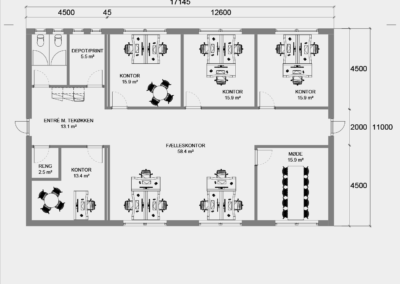 Floor plan of an office module showing entrance, depot/print, four private offices, a shared workspace, and a meeting room with doors between rooms and corridors.
