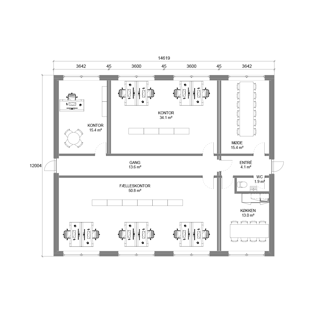 Forslag til indretning: 176 m2 kontorer, mødelokale og kantine | FOCUS Moduler A/S - Salg og udlejning af pavillon- og modulbyggeri Forslag til indretning: 176 m2 kontorer, mødelokale og kantine