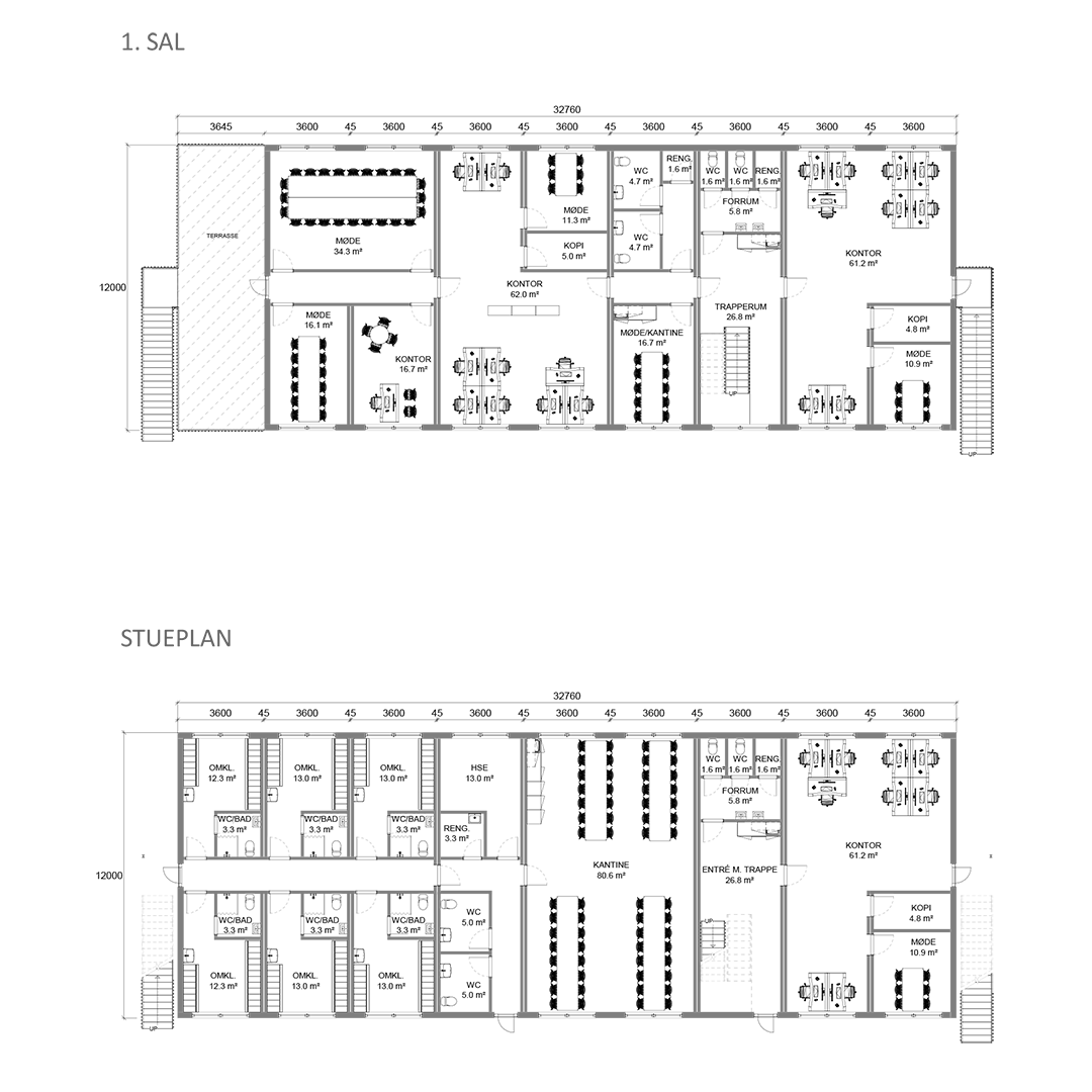 Forslag til indretning: 734 m2 Modulbygning i 2 etager med kontorer, mødelokaler, kantine, omklædning, toiletter og bad samt terrasse. | FOCUS Moduler A/S - Salg og udlejning af pavillon- og modulbyggeri Forslag til indretning: 734 m2 Modulbygning i 2 etager med kontorer, mødelokaler, kantine, omklædning, toiletter og bad samt terrasse.