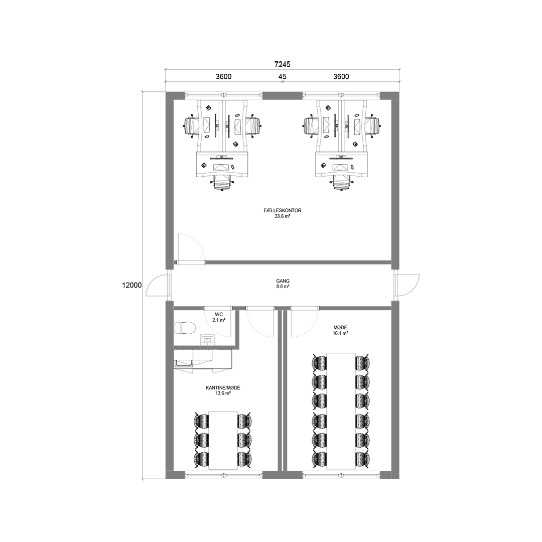 Forslag til indretning: 87 m2 kontor, mødelokale og kantine | FOCUS Moduler A/S - Salg og udlejning af pavillon- og modulbyggeri Forslag til indretning: 87 m2 kontor, mødelokale og kantine