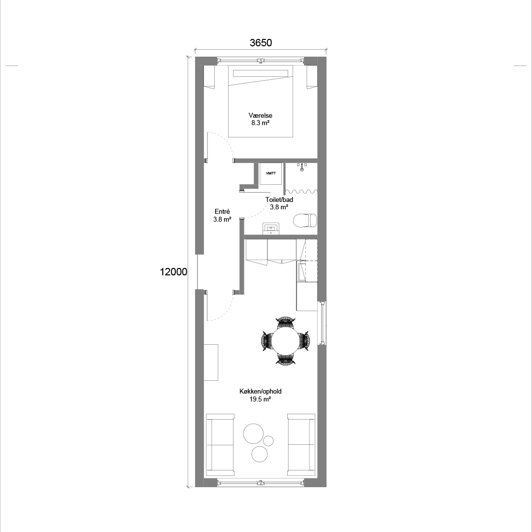 Forslag til indretning: 44 m2 beboelse